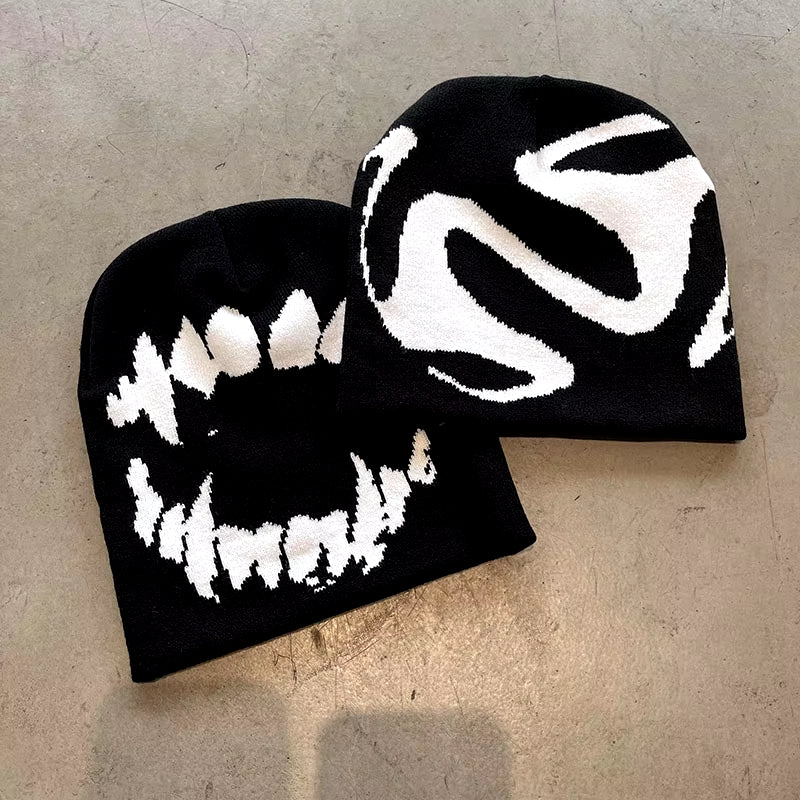 Hat Knitting Beanies Goth Tooth Caps Men Y2K Streetwear Winter Fashion Pullover Kpop Harajuku Vintage Warm Hip Hop Unisex